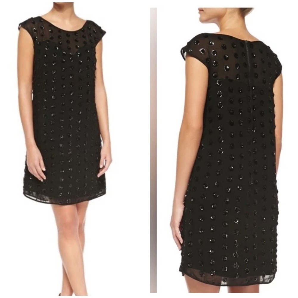 Milly of New York Black Sequin Polka Dot Sheath Mini Dress Cap Sleeve sz 4